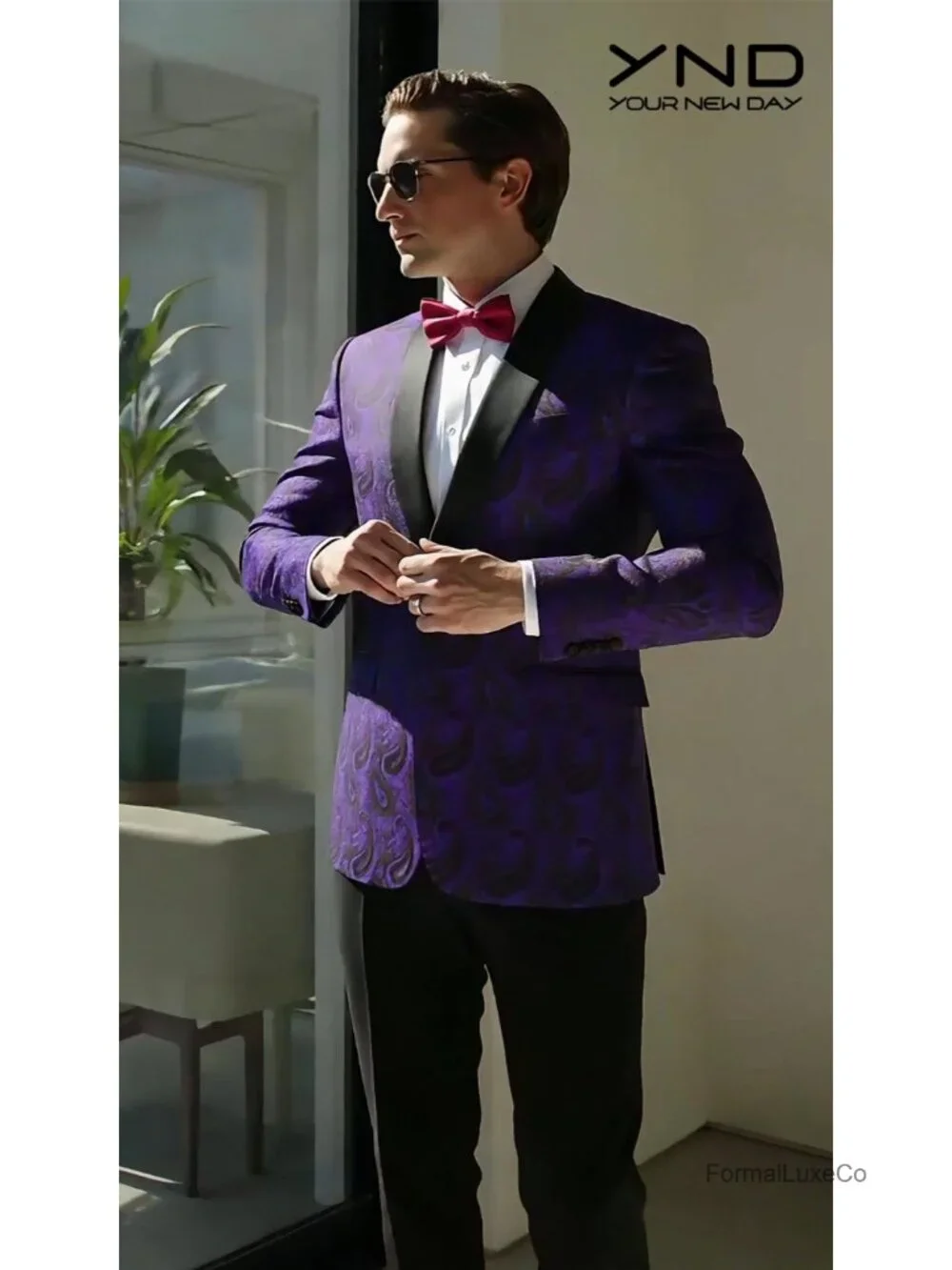 Paisley Tuxedo Jacket One Button Shawl Collar Formal Blazer with Bow Tie